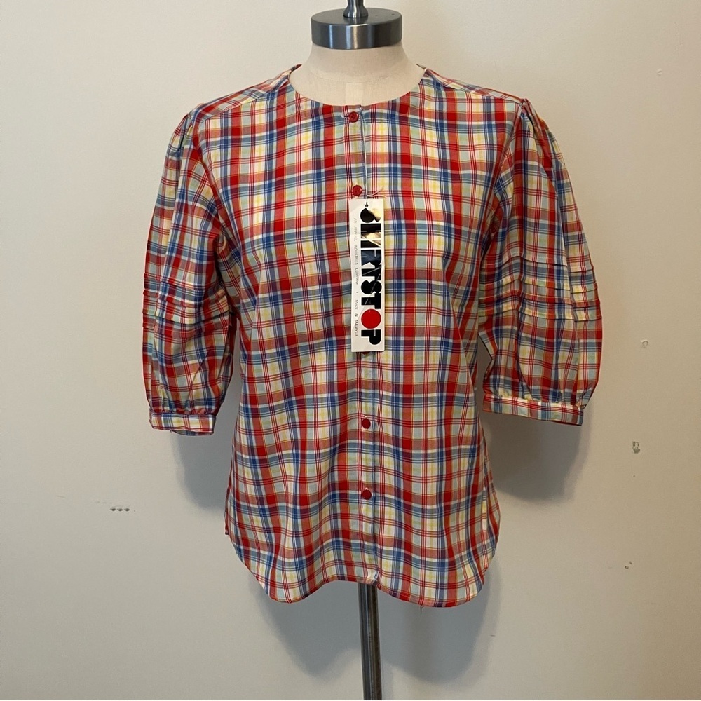 VTG Women’s Sz. 10 90s Plaid Blouse Button Short Sleeve Balloon Sleeve NWT
